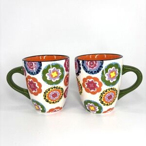Oui French Bull Coffee Mug Multi Color Floral Medallian Design Green 12 ozs